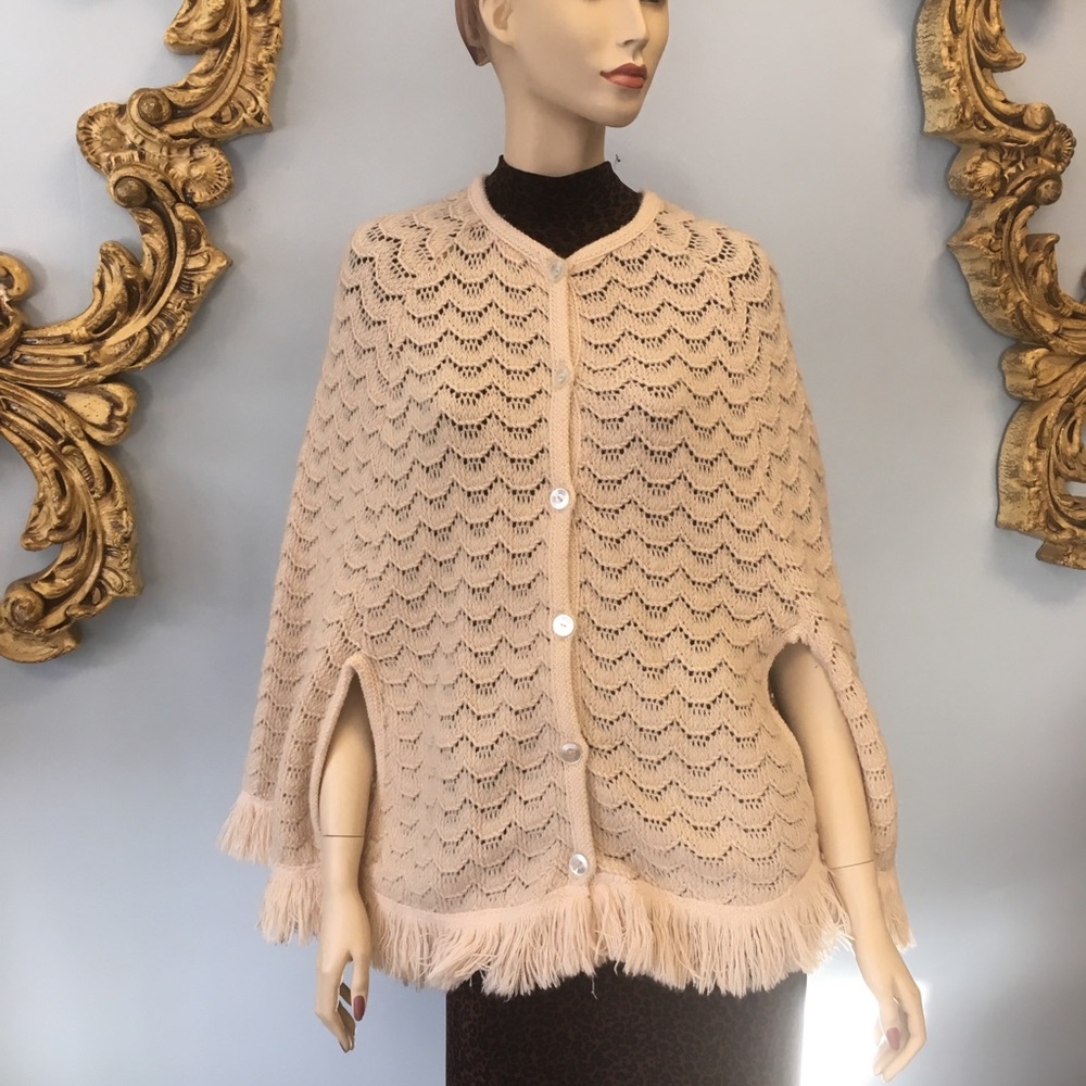 Vintage fringed sweater cape poncho ivory boho